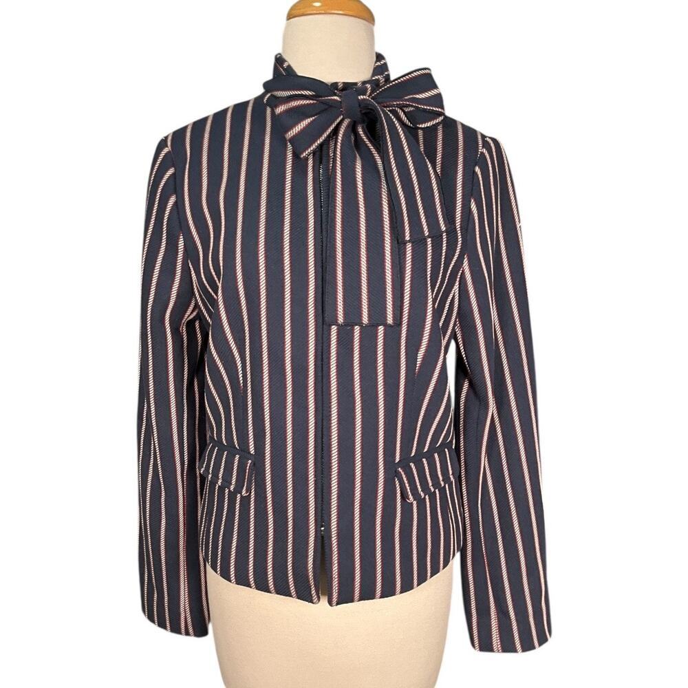 Banana Republic NWT Striped Tie-Neck Blazer Size 10 Navy Red Zip Jacket Preppy